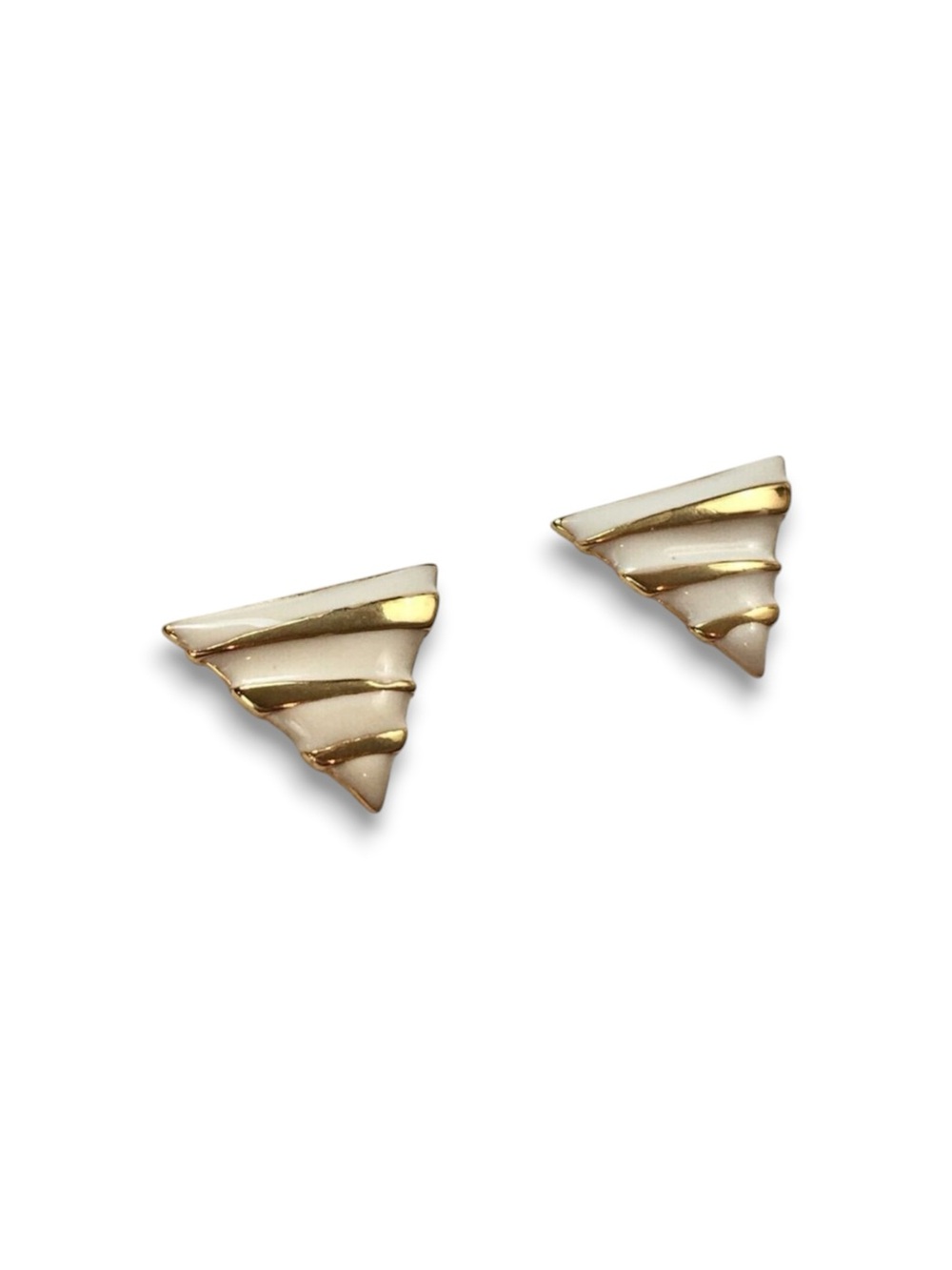 Vintage Coro Gold Tone & White Enamel Triangle Stud Earrings Signed